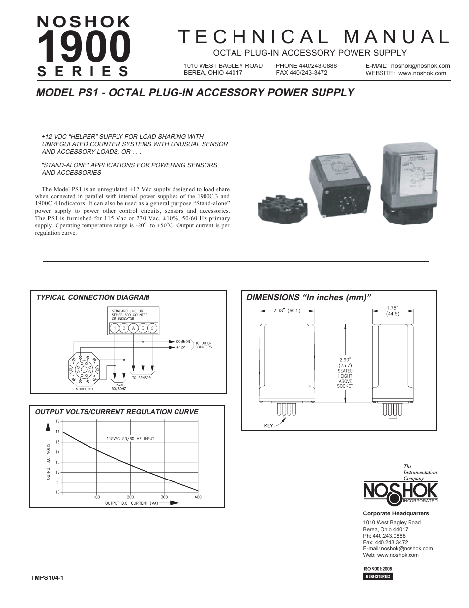 NOSHOK 1900 Series Model PS1 - Octal Plug-in Accessory Power Supply with 20 mA Current Sources User Manual | 1 page