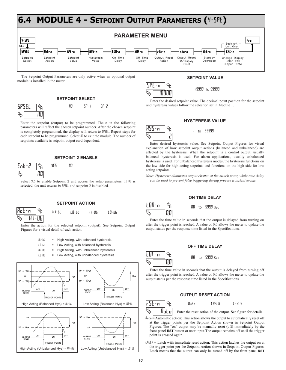 4 module 4 - s, No spsel, 2hys-n | 0 tof-n, 0 ton-n, Auto rst-n, No enb-2, Hi-ub act-n | NOSHOK 1950 Series Compact Smart System 5-Digit Process Meter User Manual | Page 10 / 16
