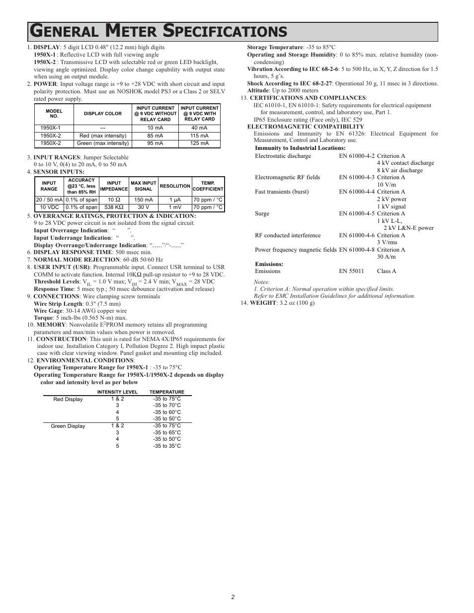 Eneral, Eter, Pecifications | NOSHOK 1950 Series Compact Smart System 5-Digit Process Meter User Manual | Page 2 / 16