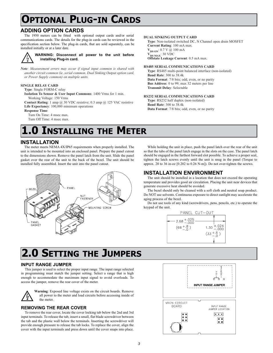 Ptional, Ards, Nstalling the | Eter, Etting the, Umpers | NOSHOK 1950 Series Compact Smart System 5-Digit Process Meter User Manual | Page 3 / 16