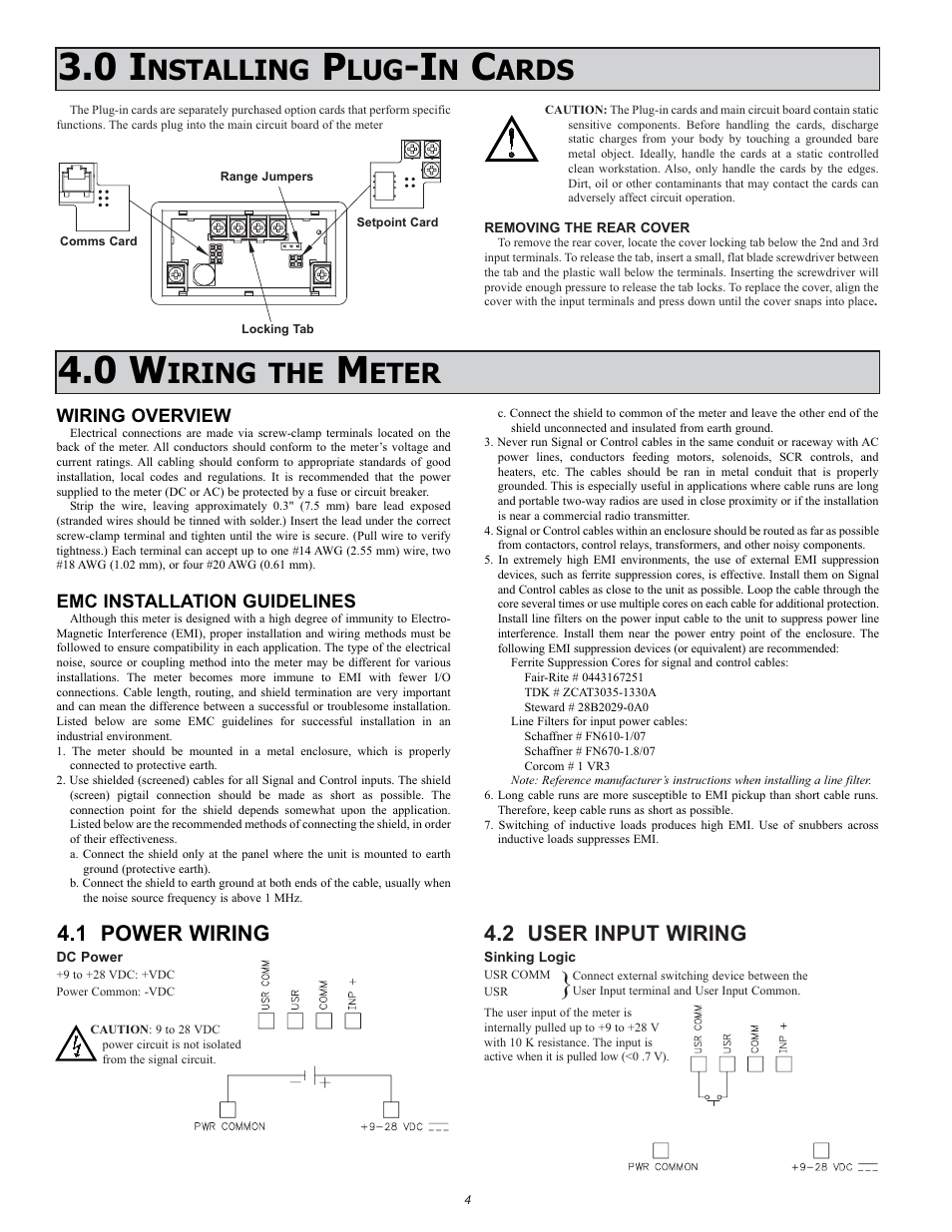 Iring the, Eter, Nstalling | Ards, 1 power wiring, 2 user input wiring | NOSHOK 1950 Series Compact Smart System 5-Digit Process Meter User Manual | Page 4 / 16