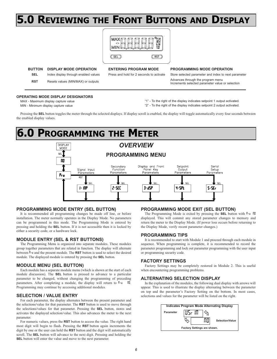 Eviewing the, Ront, Uttons and | Isplay, Rogramming the, Eter, N0 usrin, Overview | NOSHOK 1950 Series Compact Smart System 5-Digit Process Meter User Manual | Page 6 / 16