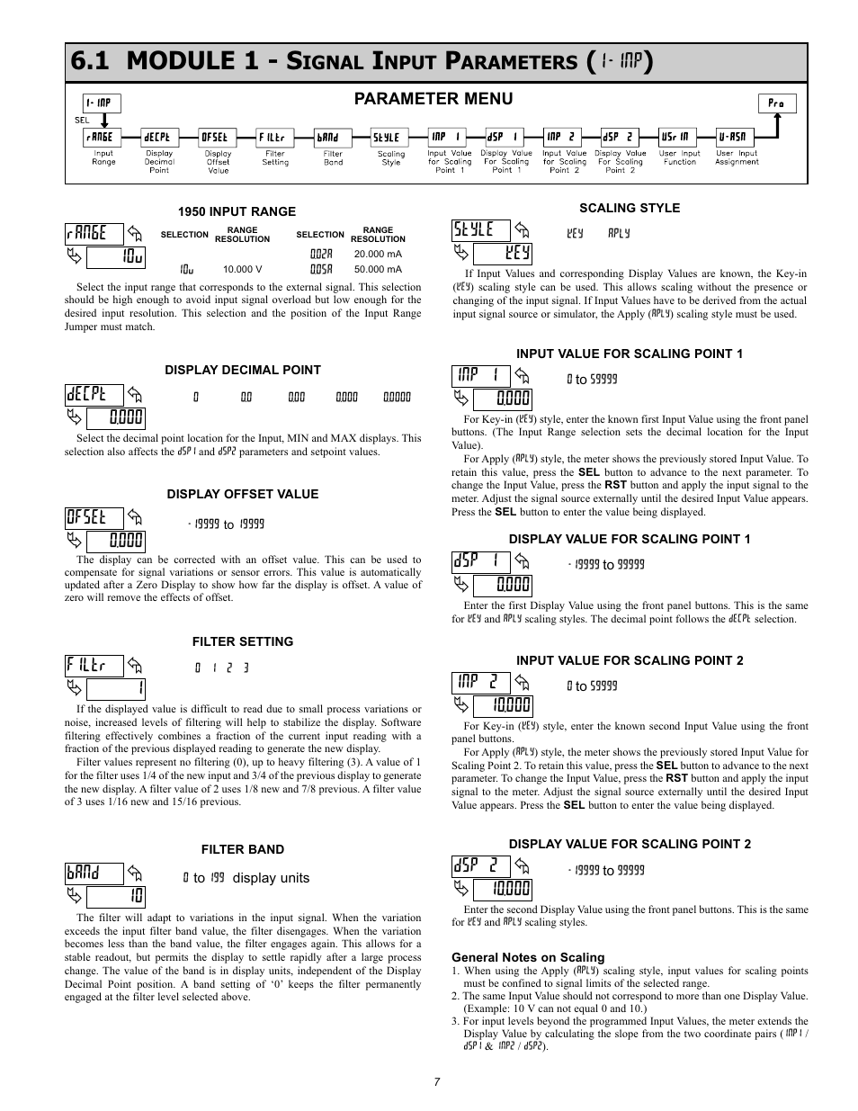 1 module 1 - s, 10u ran6e, 000 decpt | 1filtr, 10 band, Key style, 000 inp 1, 000 dsp 1, 000 inp 2, 000 dsp 2 | NOSHOK 1950 Series Compact Smart System 5-Digit Process Meter User Manual | Page 7 / 16