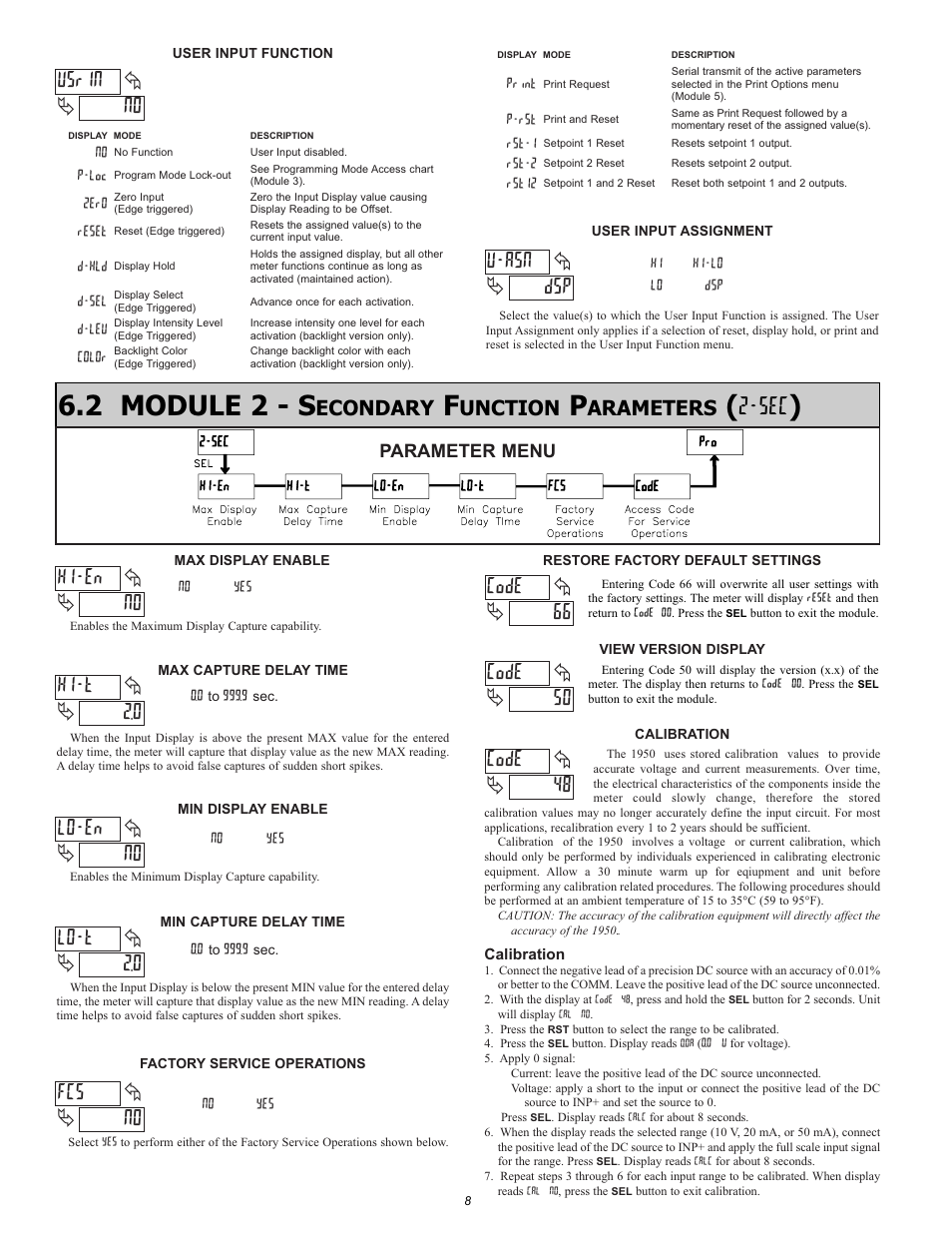 2 module 2 - s, 0 hi-t, No lo-en | No fcs, 0 lo-t, No usrin, Dsp u-asn, No hi-en, 48 code, 66 code | NOSHOK 1950 Series Compact Smart System 5-Digit Process Meter User Manual | Page 8 / 16