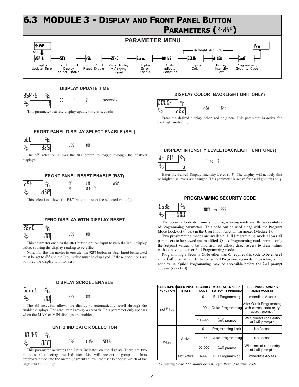 3 module 3 - d, 1dsp-t, Yes sel | Dsp rst, No scrol, No zero, Off units, Red color, 5d-lev, 000 code | NOSHOK 1950 Series Compact Smart System 5-Digit Process Meter User Manual | Page 9 / 16