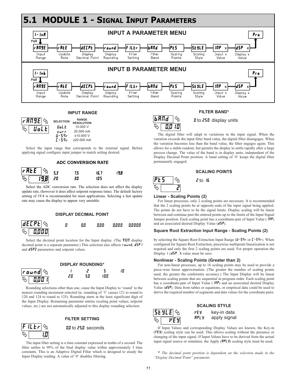 1 module 1 - s, 8 rate, Volt range | 000 decpt, 001 round, 0 filtr, 010 band, 2pts, Key style, Ignal | NOSHOK 2100 Series Field Upgradeable Dual Input Process Indicator User Manual | Page 11 / 36