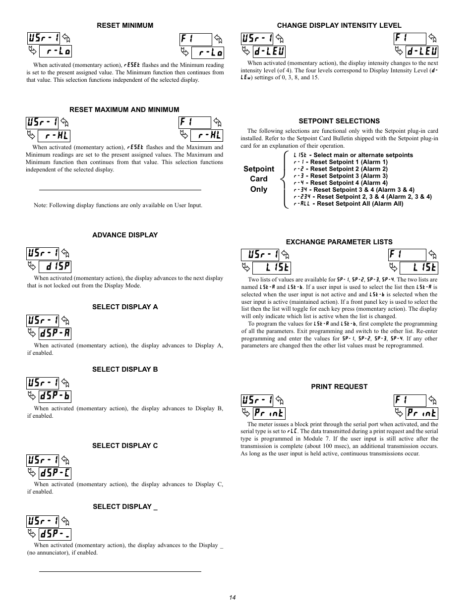 R-lo f1, R-lo usr-1 r-hl usr-1 r-hl f1, D-lev usr-1 d-lev f1 | Disp usr-1, Dsp-a usr-1, Dsp-b usr-1, Dsp-c usr-1, Dsp-_ usr-1, List usr-1 list f1, Print usr-1 print f1 | NOSHOK 2100 Series Field Upgradeable Dual Input Process Indicator User Manual | Page 14 / 36