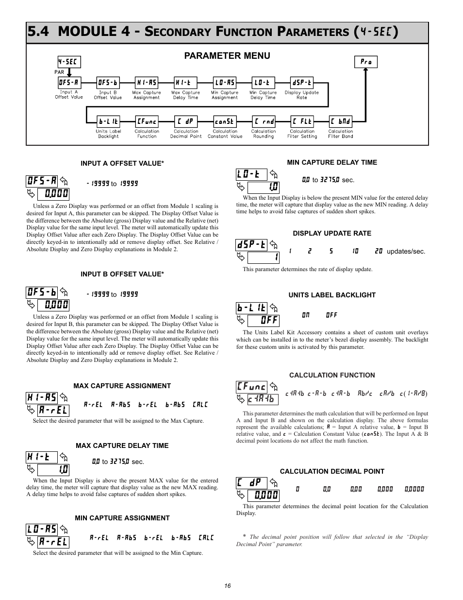 0 hi-t, 0 lo-t, Off b-lit | 000 ofs-a, 1dsp-t, 4 module 4 - s, 000 ofs-b, A-rel hi-as, A-rel l0-as, 000 c dp | NOSHOK 2100 Series Field Upgradeable Dual Input Process Indicator User Manual | Page 16 / 36