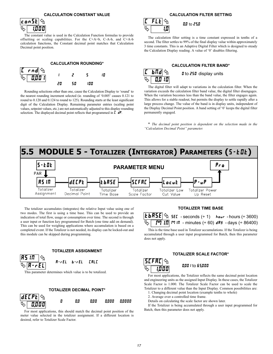 001 c rnd, 000 const, 0 c flt | 010 c bmd, 5 module 5 - t, 000 decpt, Min tbase, A-rel asin, 000 scfac | NOSHOK 2100 Series Field Upgradeable Dual Input Process Indicator User Manual | Page 17 / 36