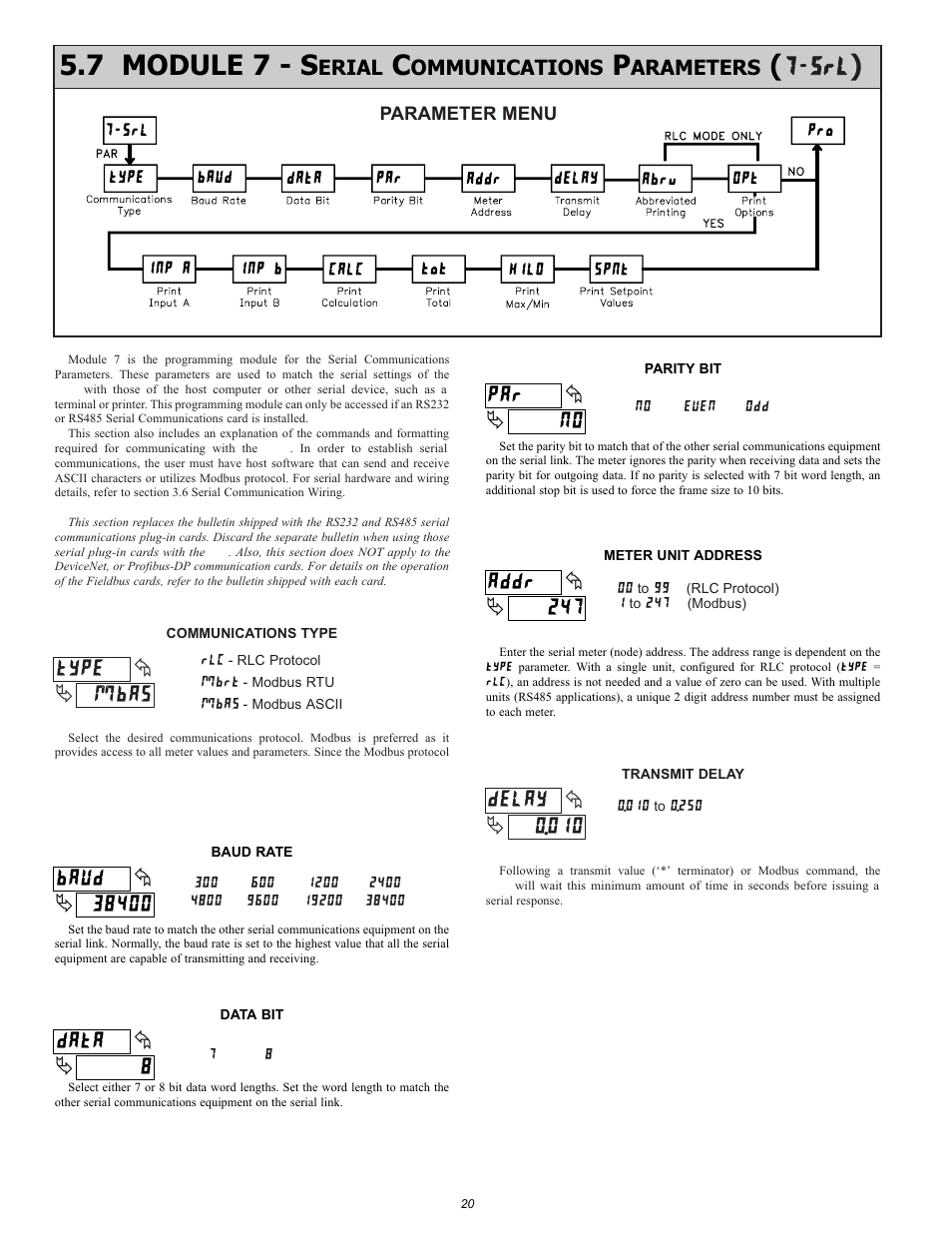 55rl, 8data, No par | 247 addr, 7 module 7 - s, Mbas type 0.010 delay | NOSHOK 2100 Series Field Upgradeable Dual Input Process Indicator User Manual | Page 20 / 36