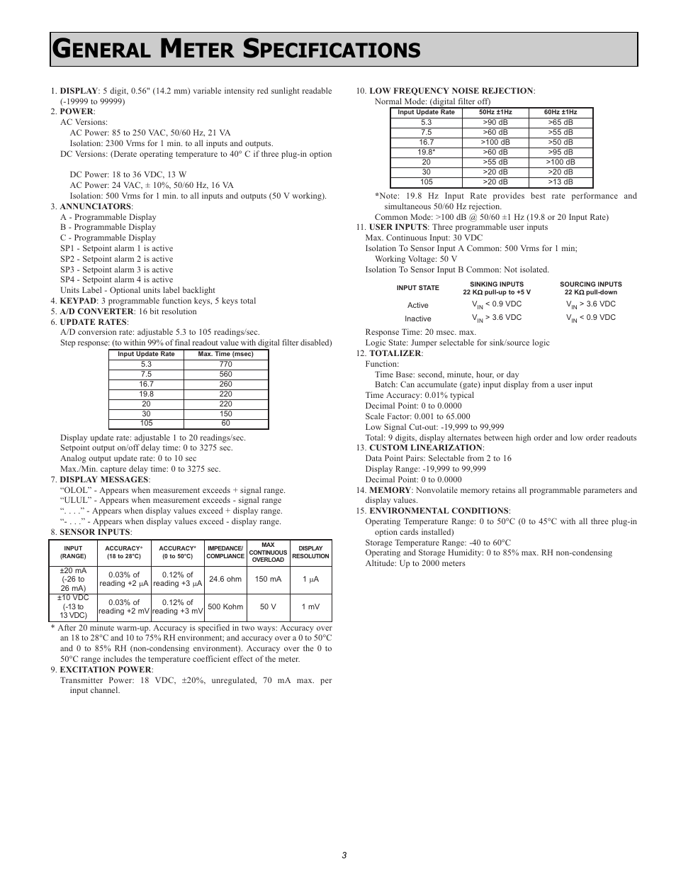 Eneral, Eter, Pecifications | NOSHOK 2100 Series Field Upgradeable Dual Input Process Indicator User Manual | Page 3 / 36