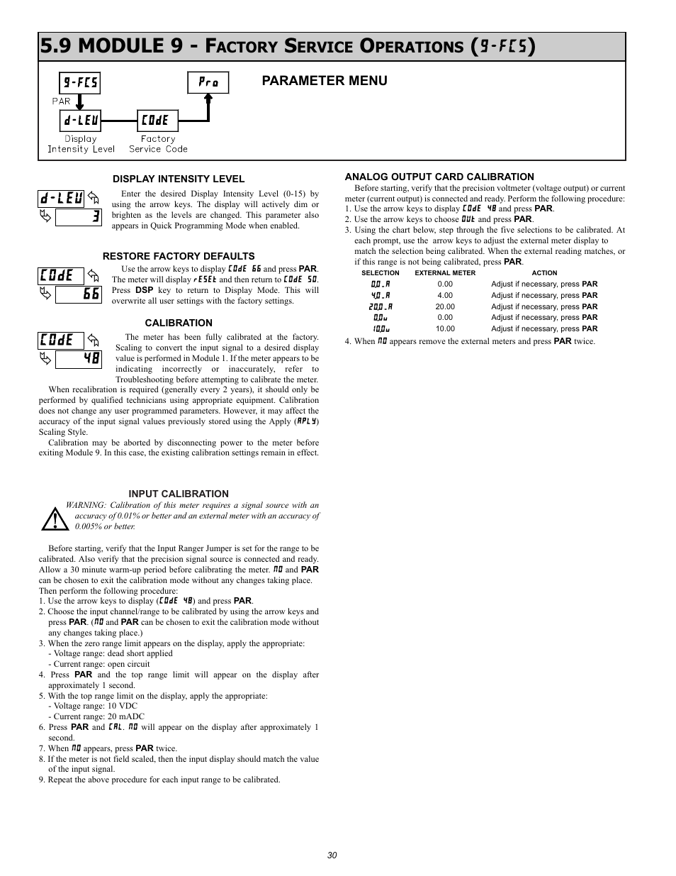 9 module 9 - f, 3d-lev, 48 code 66 code | Actory, Ervice, Perations, Parameter menu | NOSHOK 2100 Series Field Upgradeable Dual Input Process Indicator User Manual | Page 30 / 36