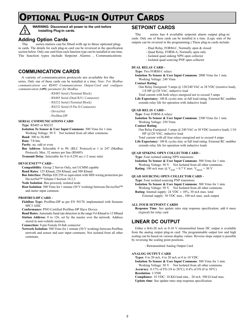 Ptional, Utput, Ards | Adding option cards, Communication cards, Setpoint cards, Linear dc output | NOSHOK 2100 Series Field Upgradeable Dual Input Process Indicator User Manual | Page 5 / 36