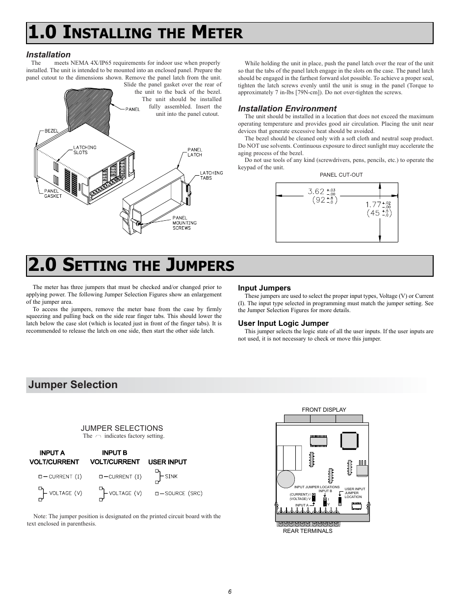 Nstalling the, Eter, Etting the | Umpers, Jumper selection | NOSHOK 2100 Series Field Upgradeable Dual Input Process Indicator User Manual | Page 6 / 36