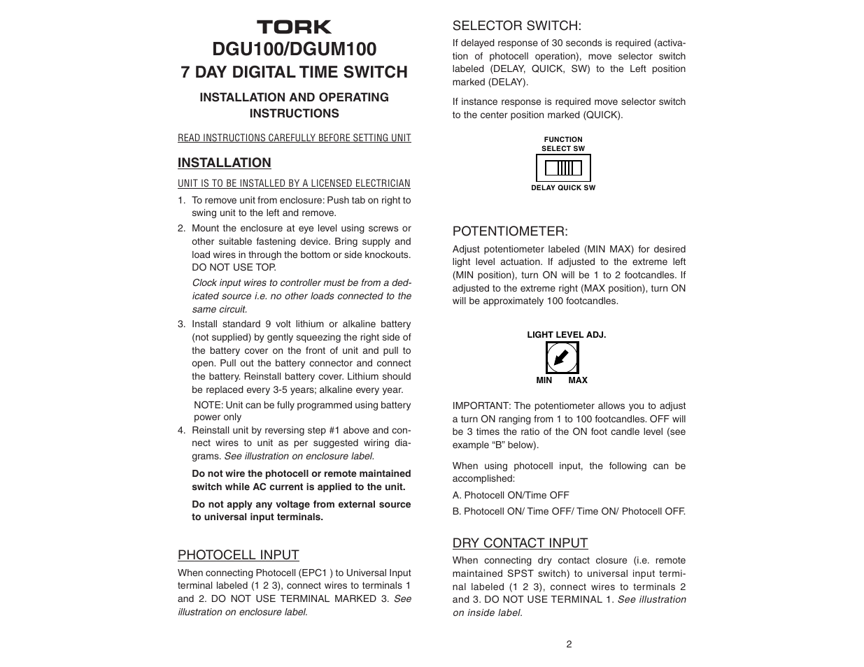 7 day digital time switch | NSi Industries DGUM100 User Manual | Page 2 / 8