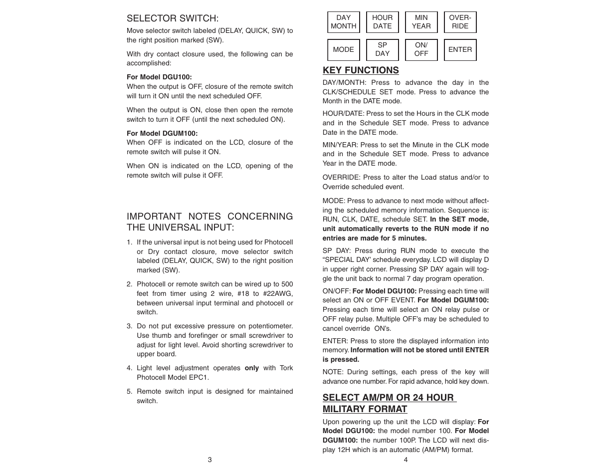 Key functions, Select am/pm or 24 hour military format, Selector switch | NSi Industries DGUM100 User Manual | Page 4 / 8