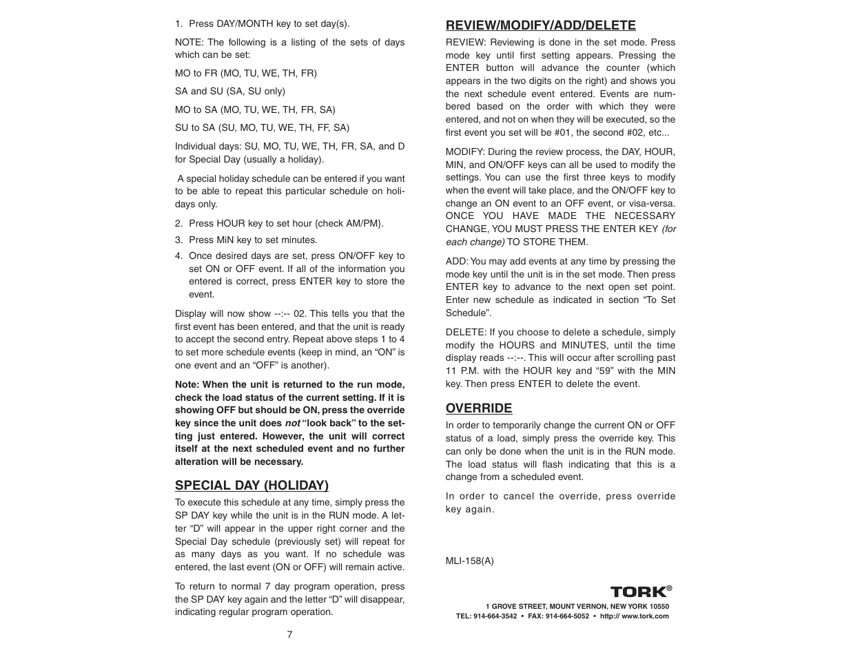 Tork, Review/modify/add/delete, Override | Special day (holiday) | NSi Industries DGUM100 User Manual | Page 7 / 8