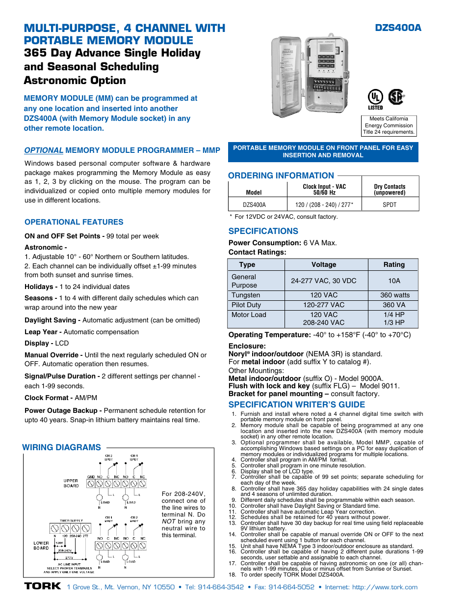 Tork, Dzs400a, Specifications | Specification writer’s guide, Ordering information, Wiring diagrams | NSi Industries DZS400A User Manual | Page 2 / 2