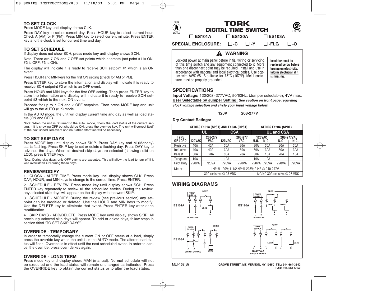 Tork, Digital time switch, Wiring diagrams | Warning, Specifications | NSi Industries ES103A User Manual | Page 2 / 2