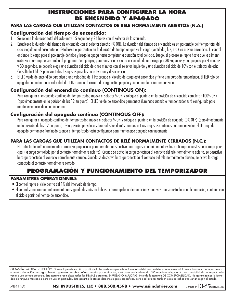 Programación y funcionamiento del temporizador | NSi Industries EJWT User Manual | Page 6 / 8