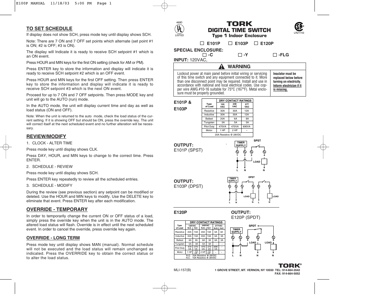 Tork, Digital time switch, Review/modify | Override - temporary, Warning, Override - long term, Type 1 indoor enclosure, Output: e103p (dpst) | NSi Industries E103P User Manual | Page 2 / 2