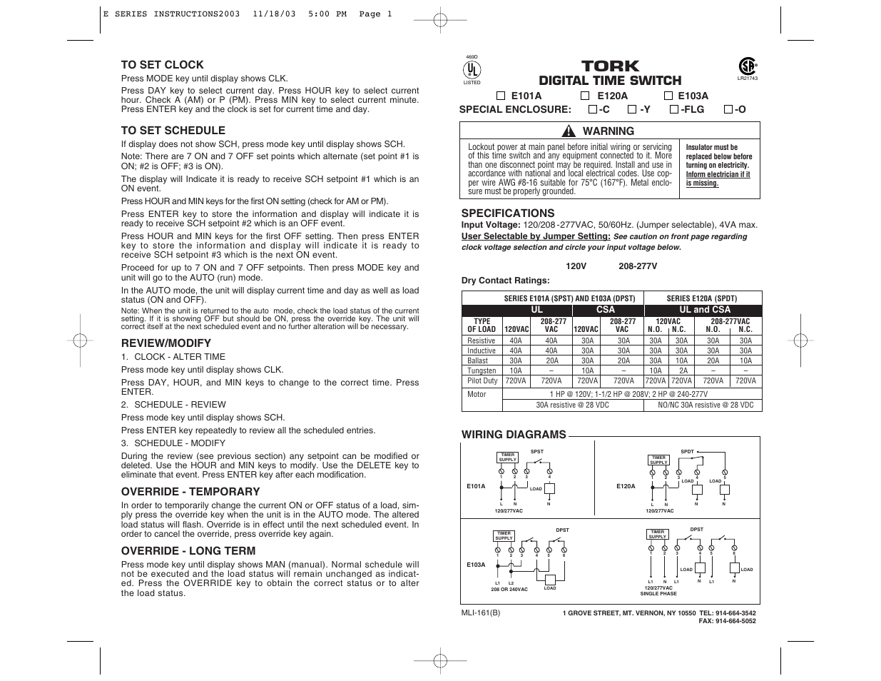 Tork, Digital time switch, Review/modify | Override - temporary, Override - long term, Specifications, Wiring diagrams, Warning | NSi Industries E103A User Manual | Page 2 / 2