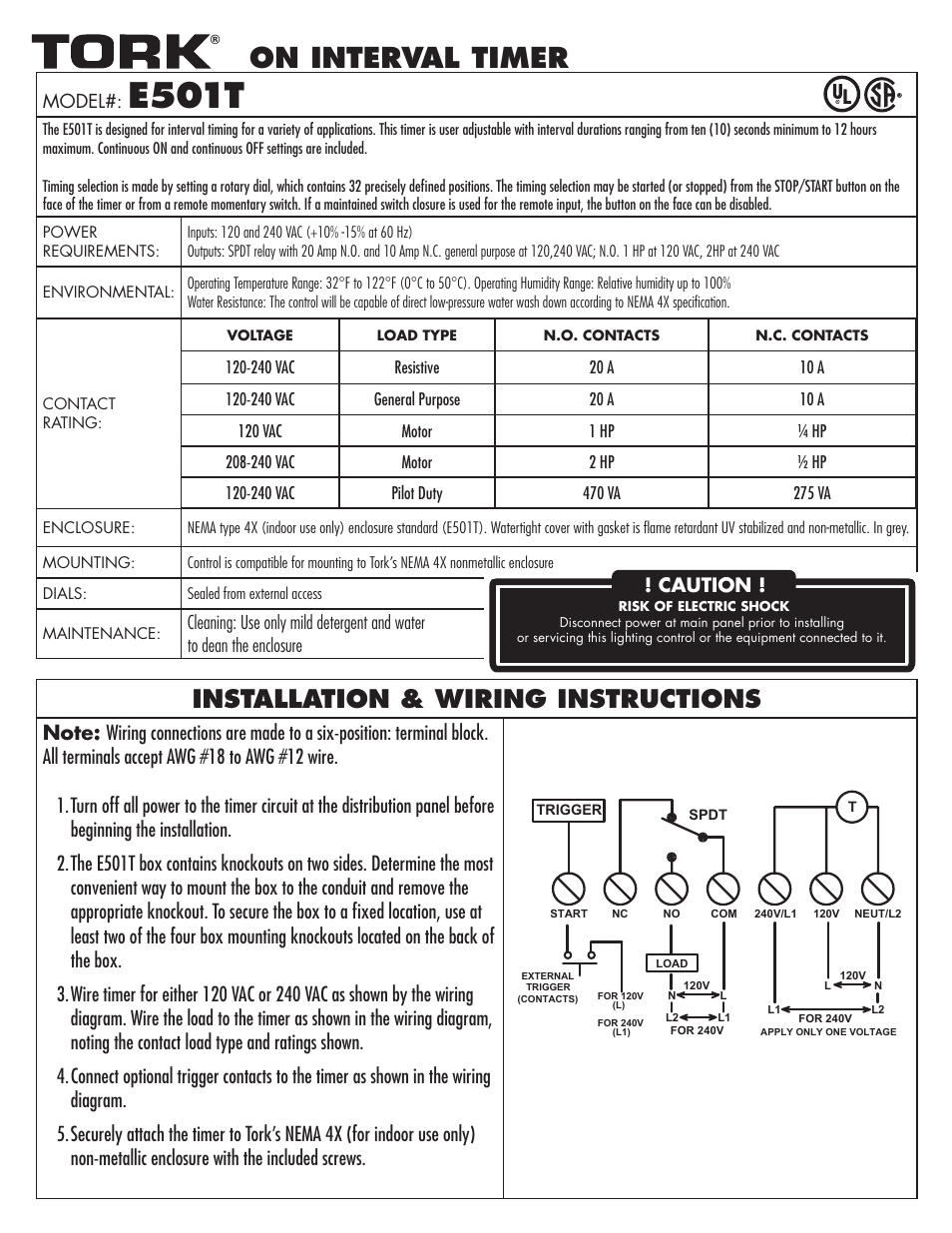 E501t, On interval timer, Installation & wiring instructions | Caution | NSi Industries E501T User Manual | Page 3 / 8
