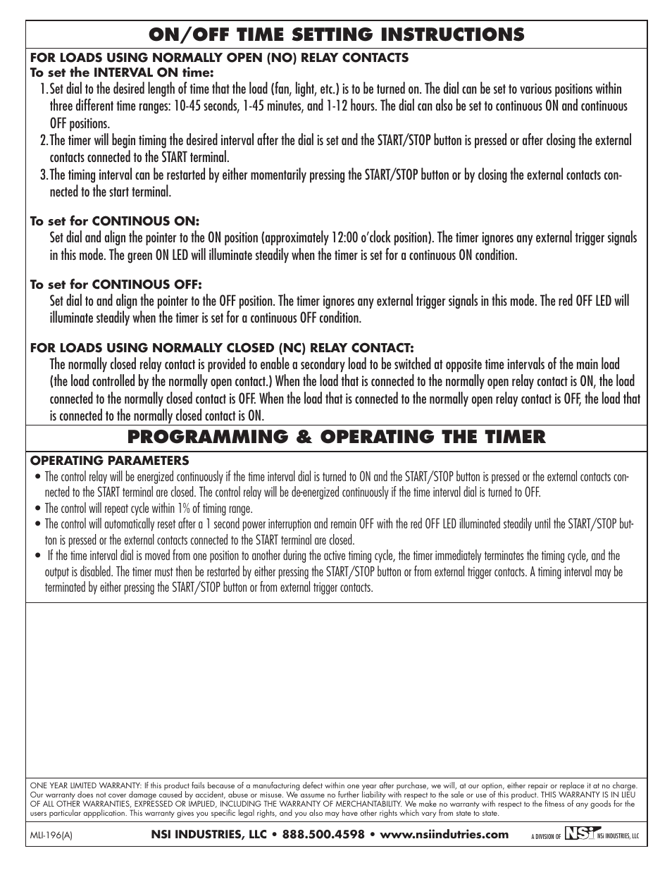 On/off time setting instructions, Programming & operating the timer | NSi Industries E501T User Manual | Page 4 / 8