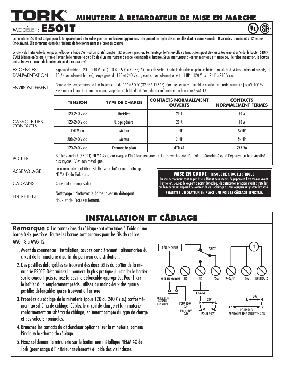E501t, Installation et câblage, Minuterie à retardateur de mise en marche | Remarque, Modèle | NSi Industries E501T User Manual | Page 5 / 8