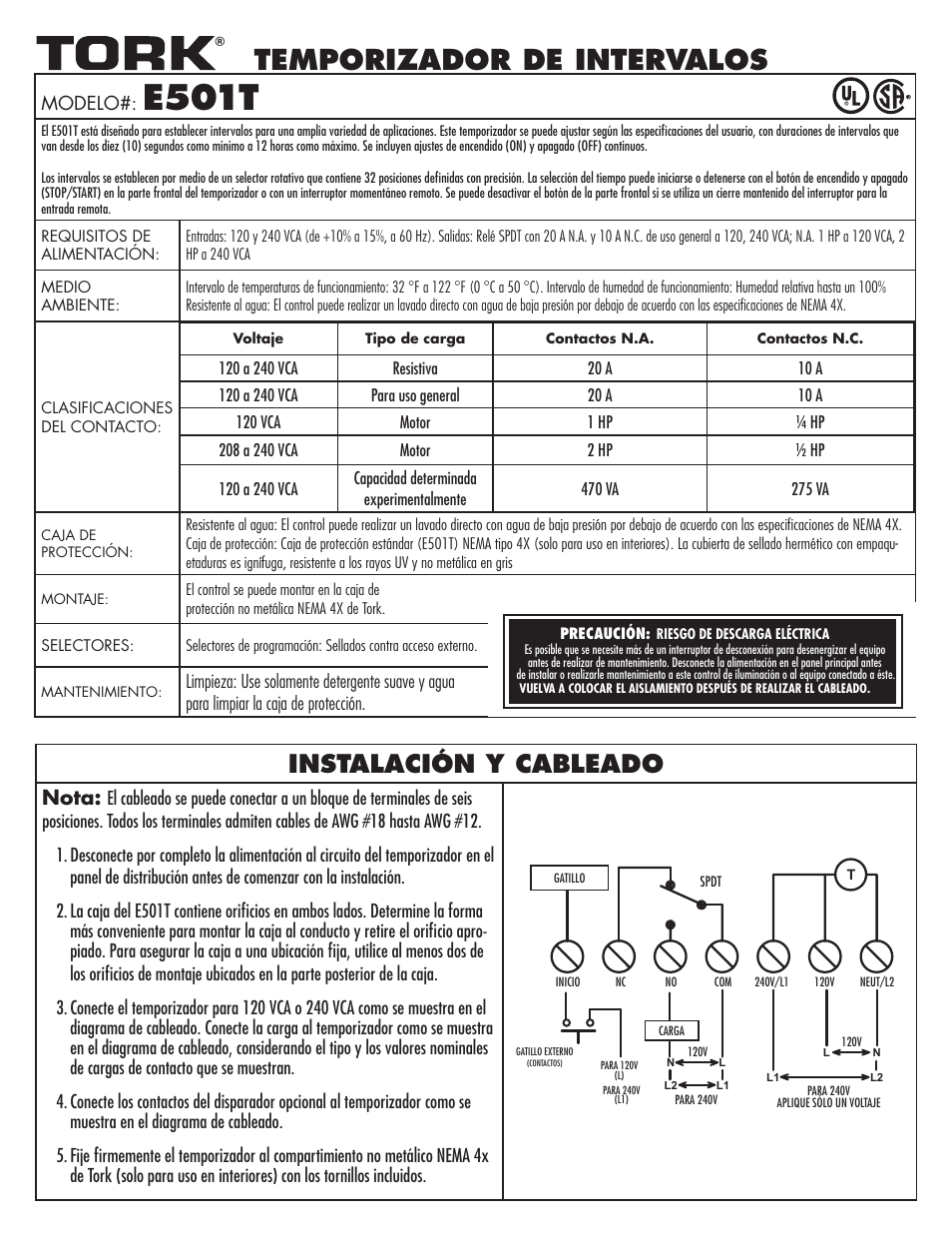 E501t, Temporizador de intervalos, Instalación y cableado | Nota, Modelo | NSi Industries E501T User Manual | Page 7 / 8