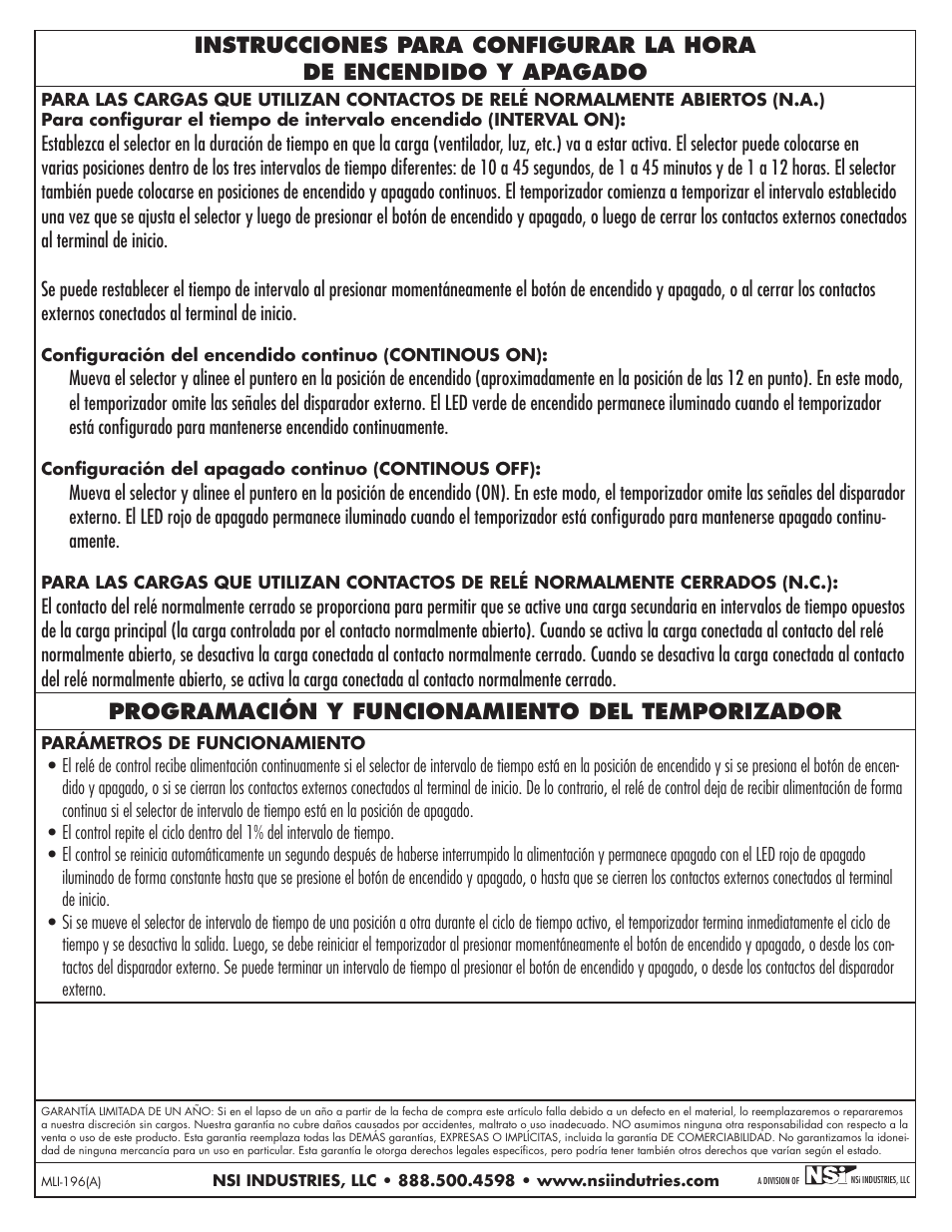 Programación y funcionamiento del temporizador | NSi Industries E501T User Manual | Page 8 / 8