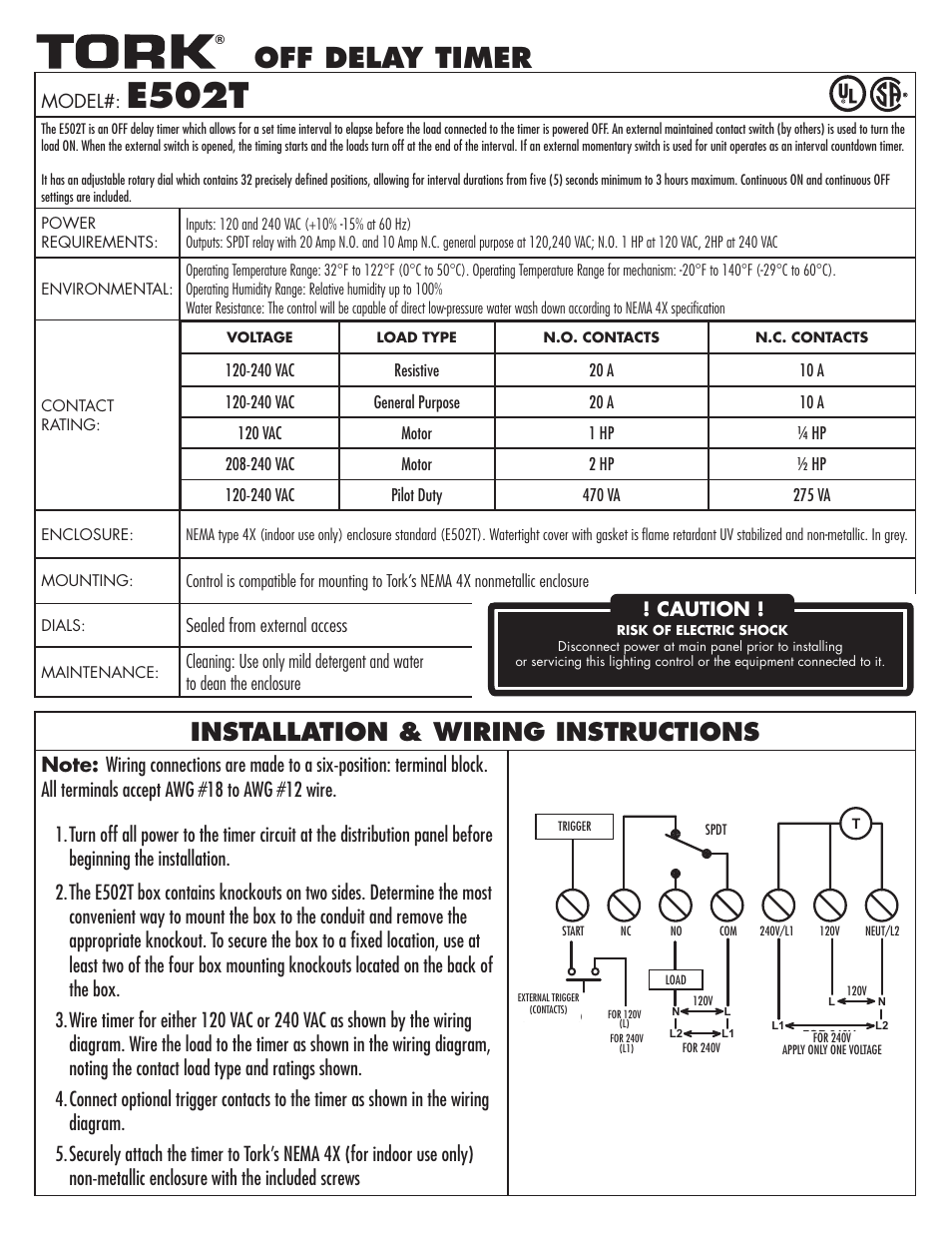 E502t, Off delay timer, Installation & wiring instructions | Caution | NSi Industries E502T User Manual | Page 3 / 8