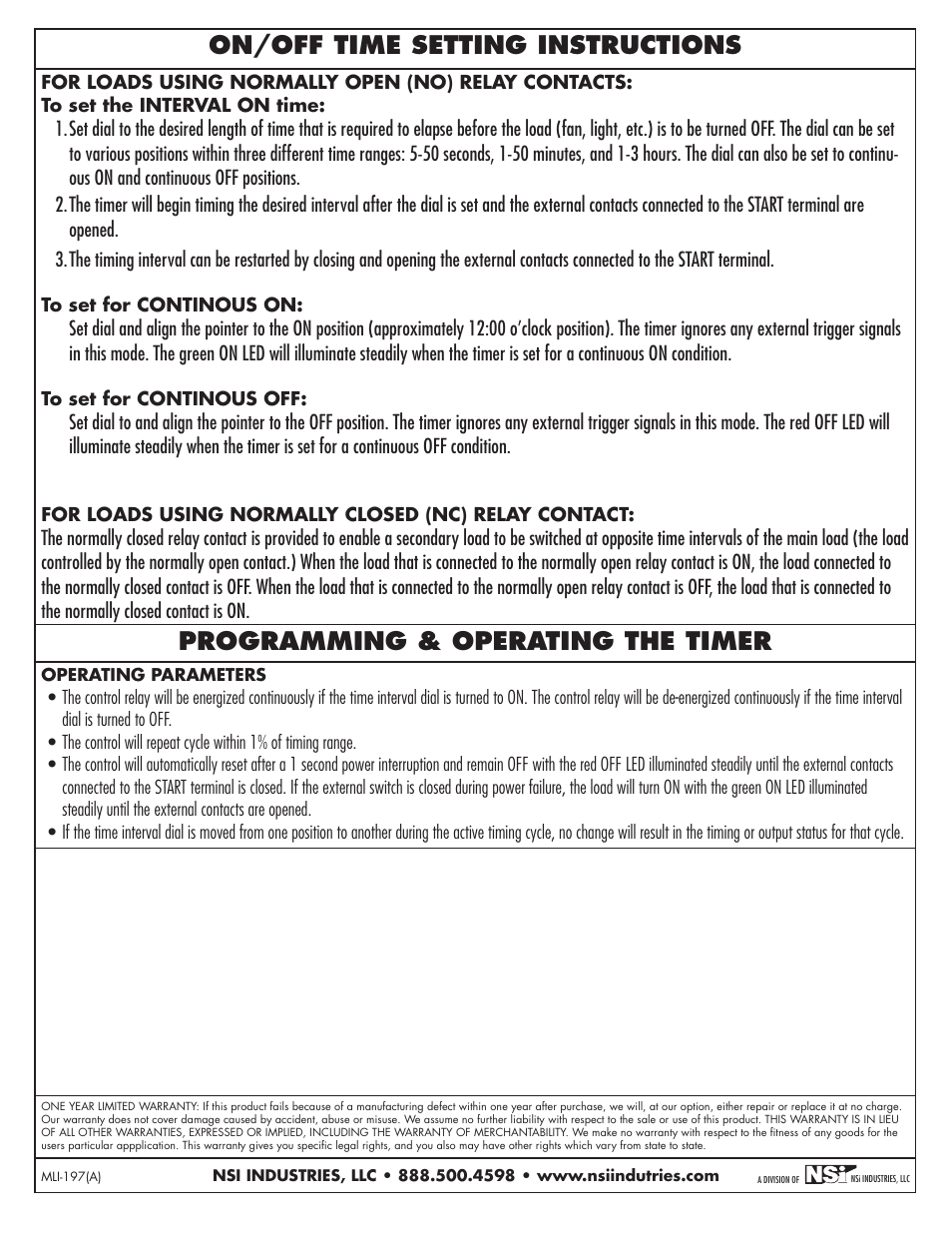 On/off time setting instructions, Programming & operating the timer | NSi Industries E502T User Manual | Page 4 / 8