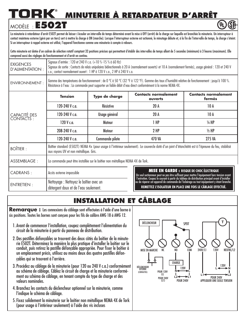 E502t, Minuterie à retardateur d’arrêt, Installation et câblage | Remarque, Modèle | NSi Industries E502T User Manual | Page 5 / 8