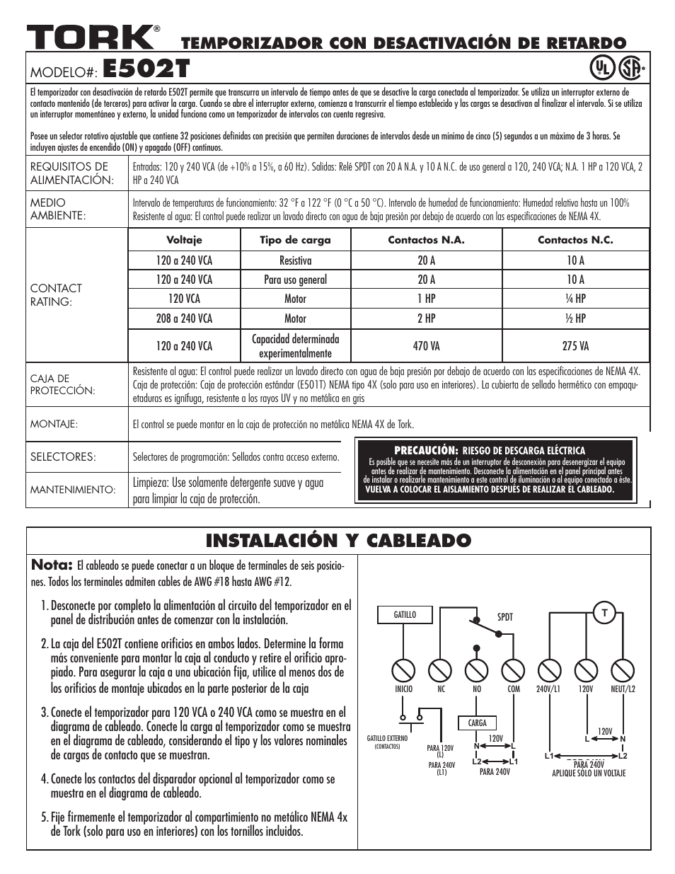 E502t, Instalación y cableado, Temporizador con desactivación de retardo | Nota, Modelo | NSi Industries E502T User Manual | Page 7 / 8
