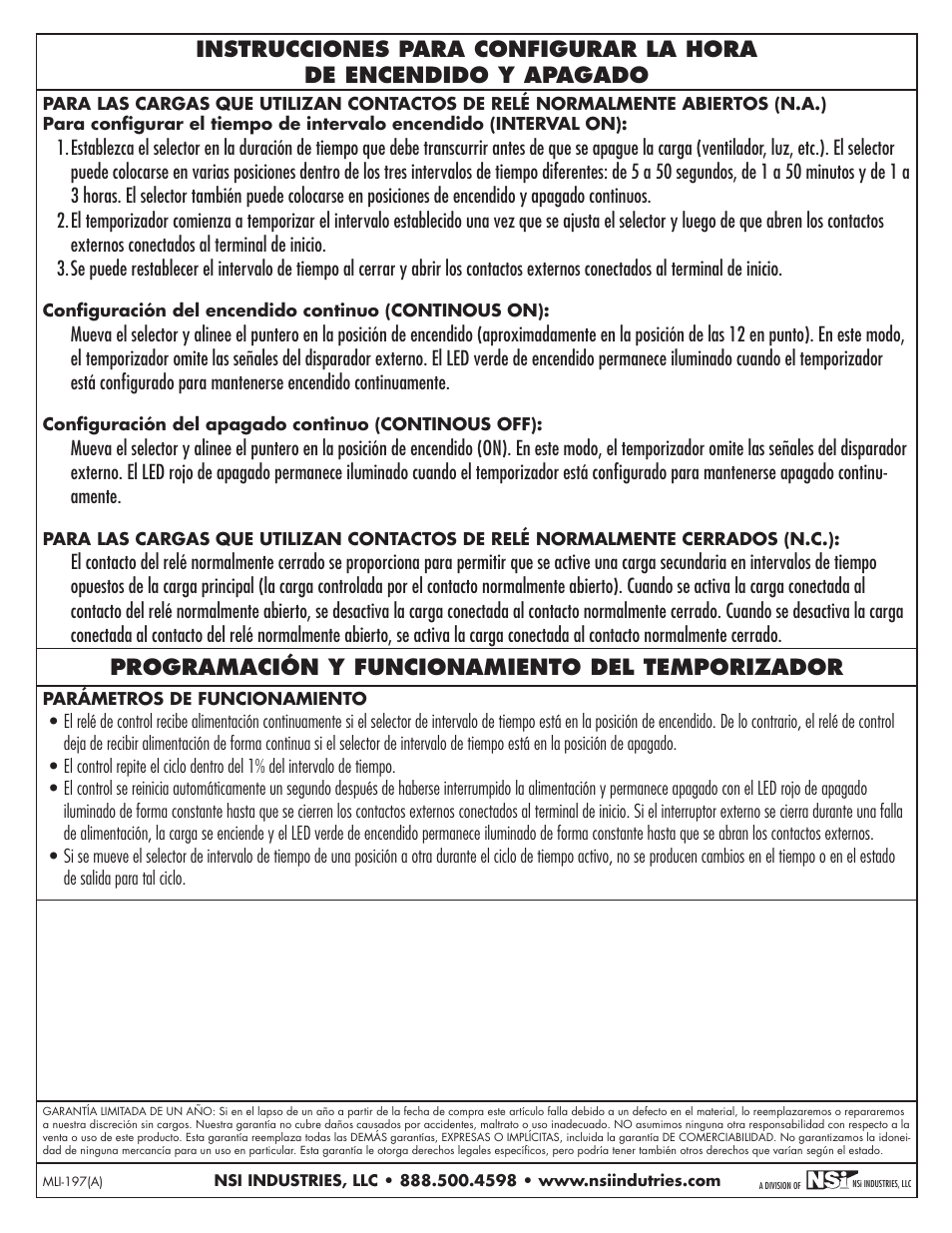 Programación y funcionamiento del temporizador | NSi Industries E502T User Manual | Page 8 / 8