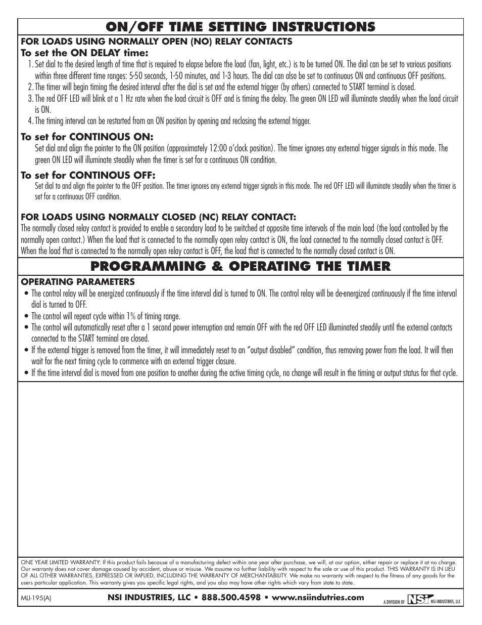 On/off time setting instructions, Programming & operating the timer | NSi Industries E500T User Manual | Page 4 / 8