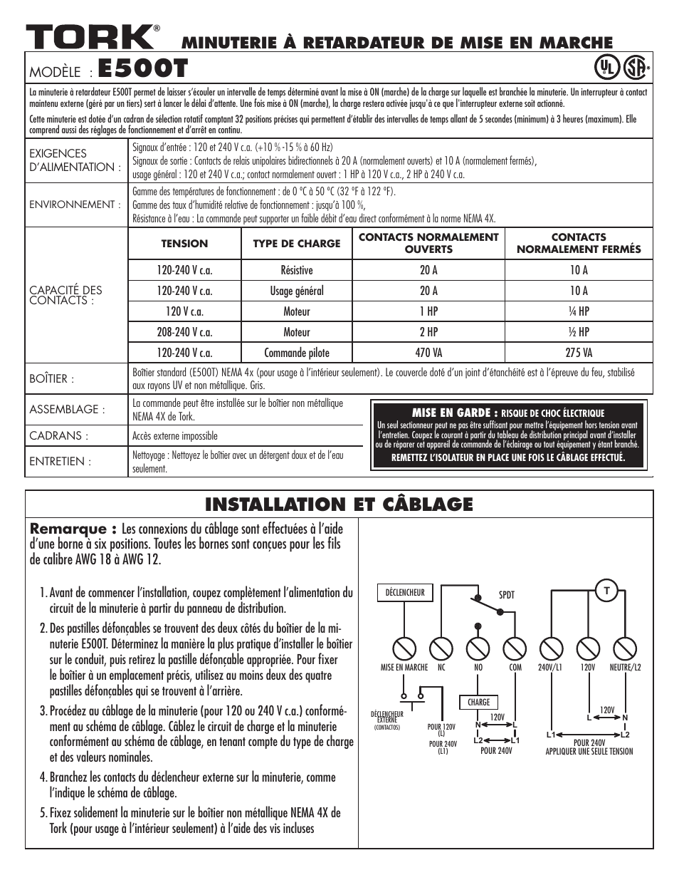 E500t, Installation et câblage, Minuterie à retardateur de mise en marche | Modèle | NSi Industries E500T User Manual | Page 5 / 8