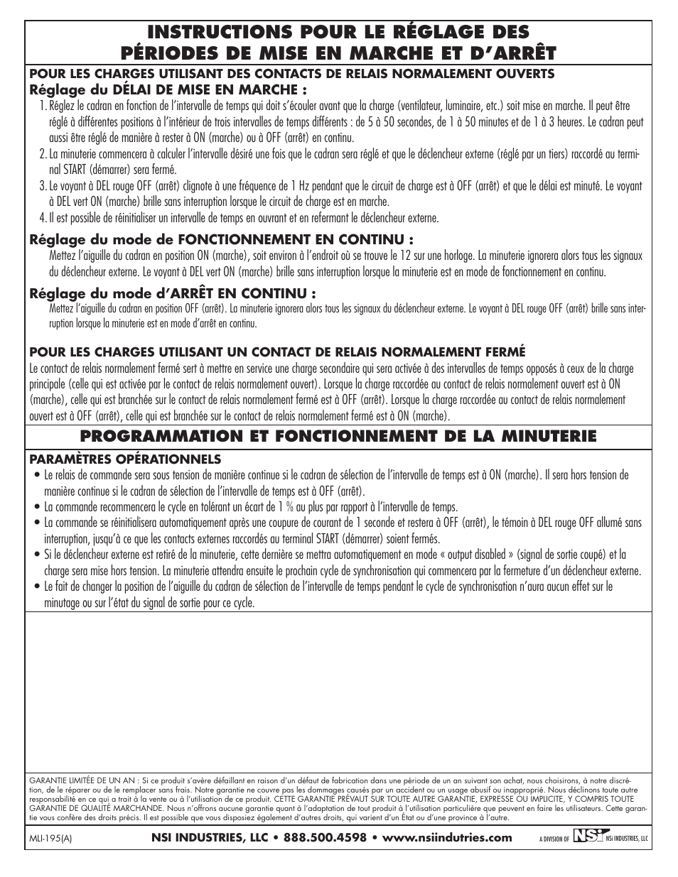 Programmation et fonctionnement de la minuterie | NSi Industries E500T User Manual | Page 6 / 8