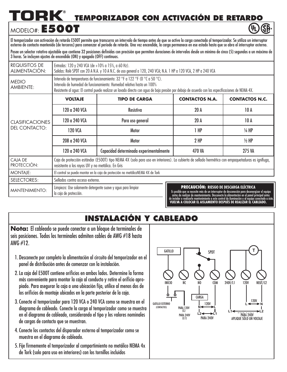 E500t, Instalación y cableado, Temporizador con activación de retardo | Modelo | NSi Industries E500T User Manual | Page 7 / 8