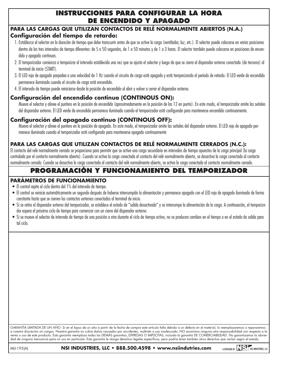 Programación y funcionamiento del temporizador | NSi Industries E500T User Manual | Page 8 / 8