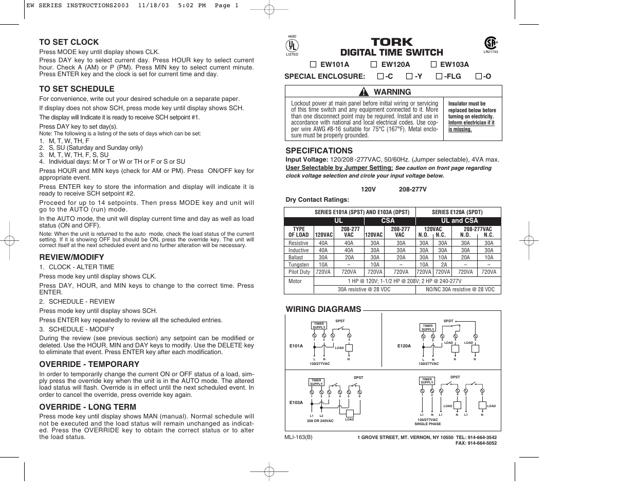 Tork, Digital time switch, Review/modify | Override - temporary, Override - long term, Specifications, Wiring diagrams, Warning | NSi Industries EW103A User Manual | Page 2 / 2