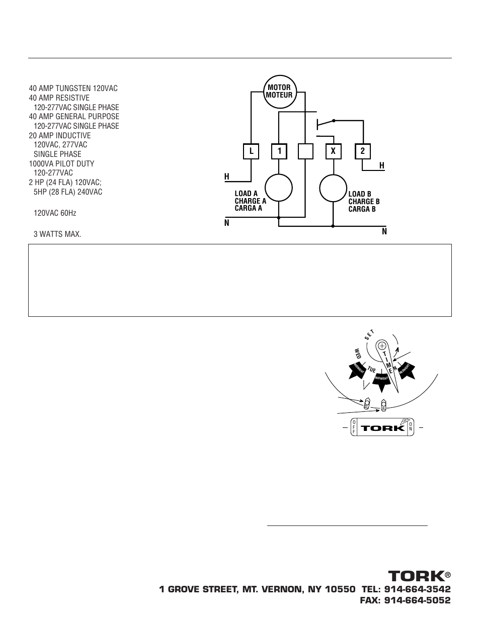 W120installop, Tork model w120, Tork | Do not force dial backwards, Seven day calendar dial time switch, L1 x 2 n h ▼ ▲ h n | NSi Industries W100 User Manual | Page 2 / 8