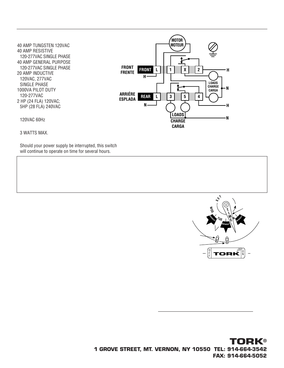 W220linstallop, Tork model w220l, Tork | Do not force dial backwards, Seven day calendar dial time switch, Typical connections for 120vac | NSi Industries W100 User Manual | Page 5 / 8