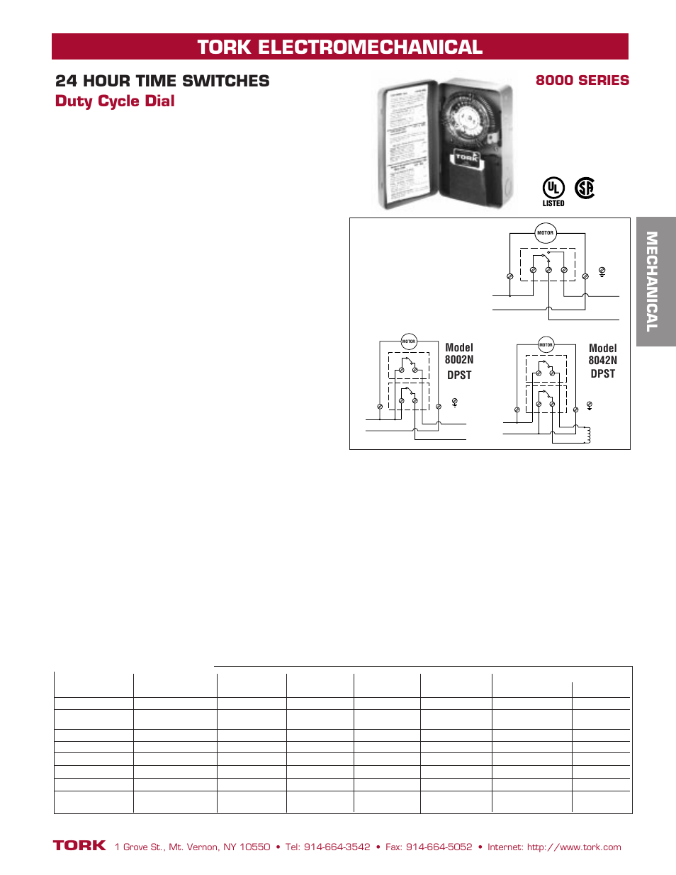 80028042wiring, Tork electromechanical, 24 hour time switches duty cycle dial | Mechanical, Tork, 8000 series, Applications, Specifications, Specification writer’s guide, Ordering information | NSi Industries 8001 User Manual | Page 3 / 16
