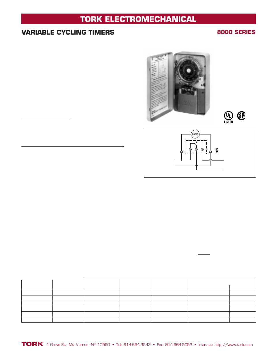 8100serieswiring, Tork electromechanical, Variable cycling timers | Tork, 8000 series, Applications, Specifications, Specification writer’s guide, Ordering information | NSi Industries 8001 User Manual | Page 9 / 16
