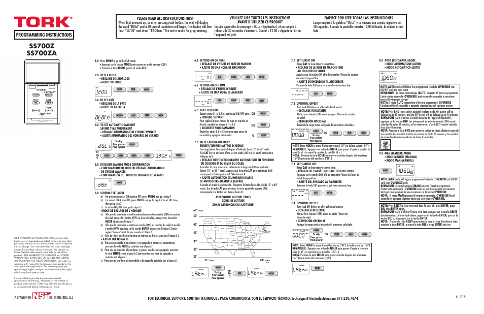 Programming instructions, A division of nsi industries, llc, Li-785 | Mode automatique (auto), Modo automático (auto) 9.0 man (manual) mode, Mode manuel (manual), Modo man (manual), Réglage de l’heure de mise en marche, Réglage de l’heure d’arrêt, Réglage de l’horloge | NSi Industries SS700ZA User Manual | Page 2 / 2