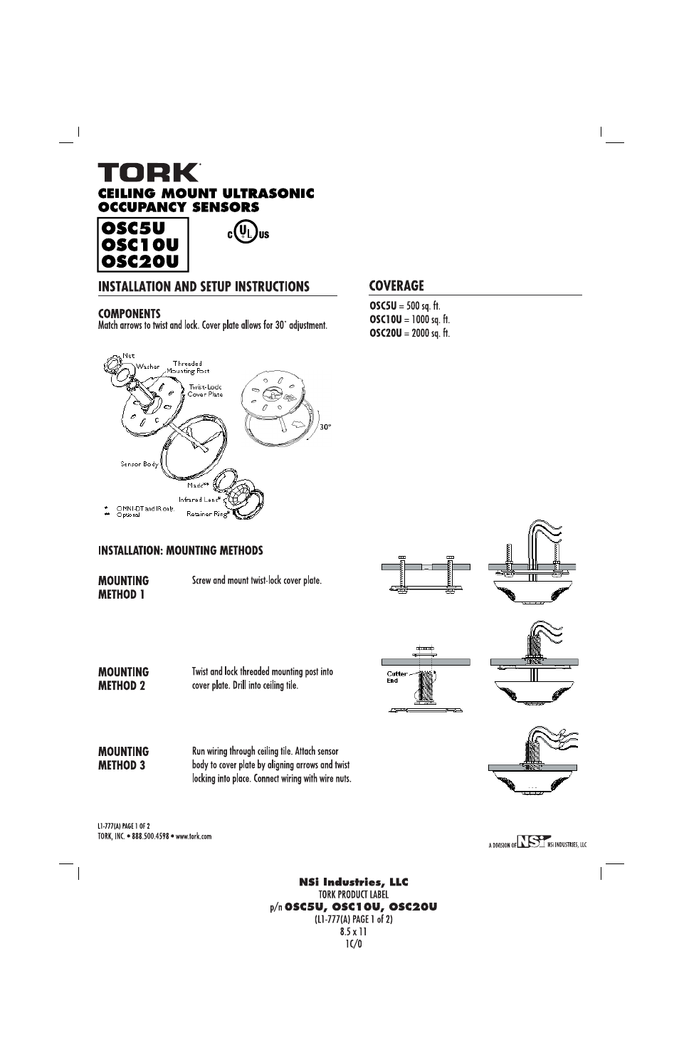 NSi Industries OSC20U User Manual | 2 pages