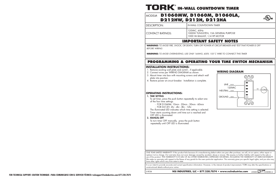 NSi Industries D212HA User Manual | 2 pages