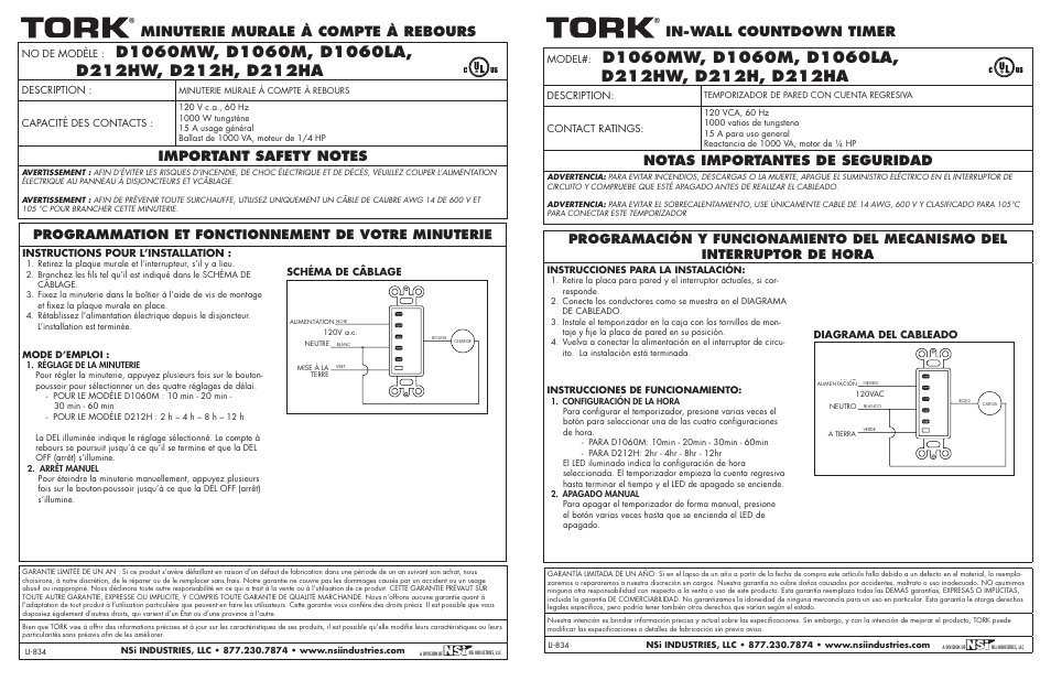 Minuterie murale à compte à rebours, In-wall countdown timer, Notas importantes de seguridad | Programmation et fonctionnement de votre minuterie, No de modèle, Description, Capacité des contacts, Instructions pour l’installation, Schéma de câblage, Model | NSi Industries D212HA User Manual | Page 2 / 2